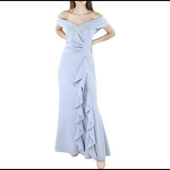XSCAPE cornflower blue off the shoulder ruffle maxi formal dress - Picture 1 of 6